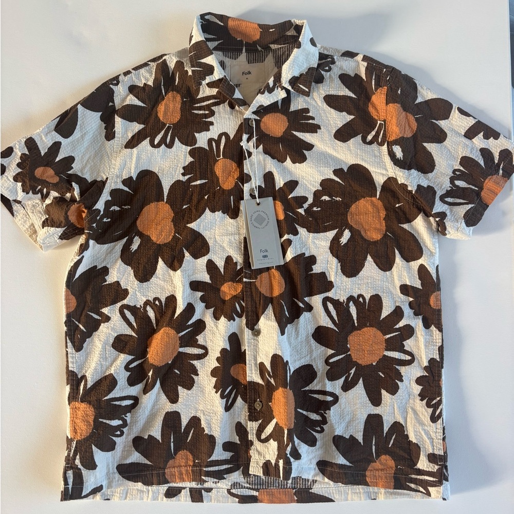 NWT Folk Brown and Orange Floral Men's Cotton Seersucker Shirt